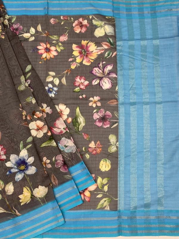 Charcoal Grey Floral Cotton Saree