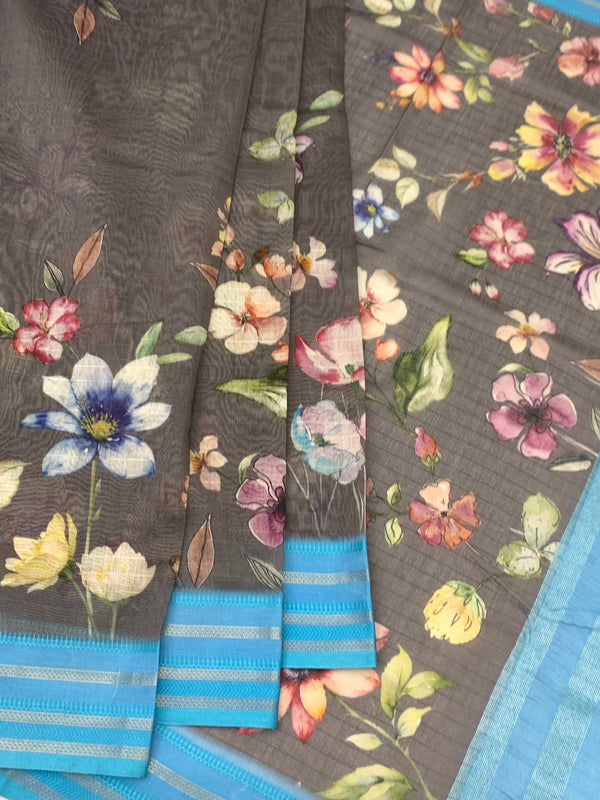 Charcoal Grey Floral Cotton Saree