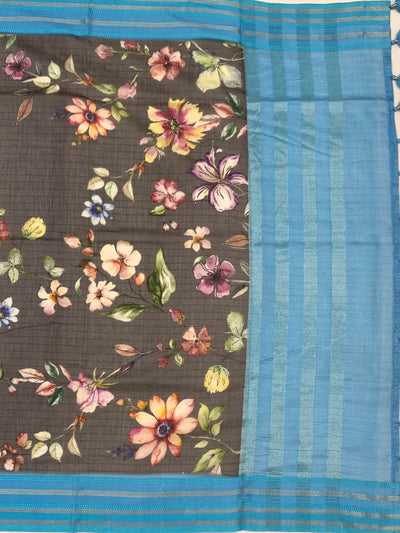 Charcoal Grey Floral Cotton Saree