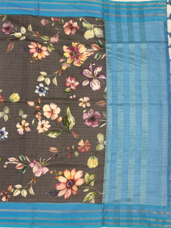 Charcoal Grey Floral Cotton Saree