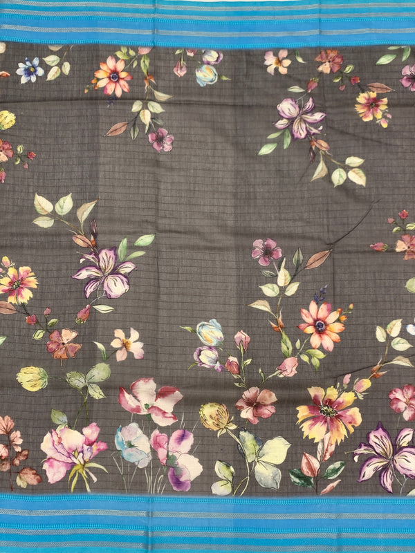 Charcoal Grey Floral Cotton Saree
