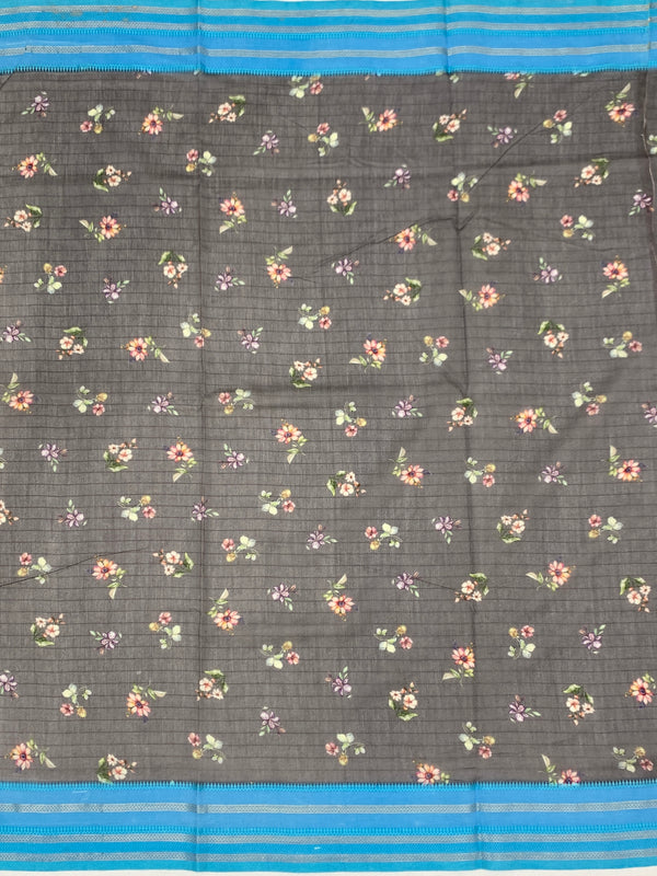 Charcoal Grey Floral Cotton Saree