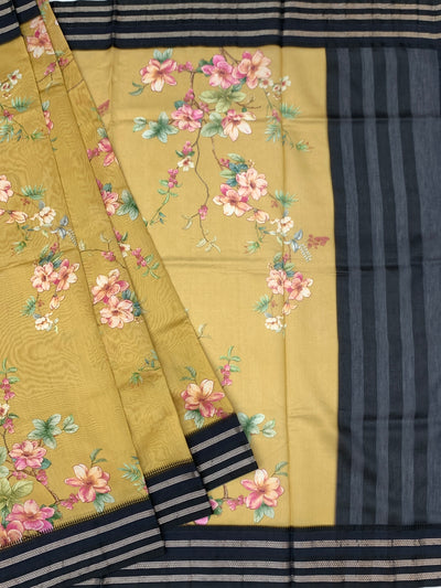 Earthy Mustard & Navy Floral Printed Cotton Saree