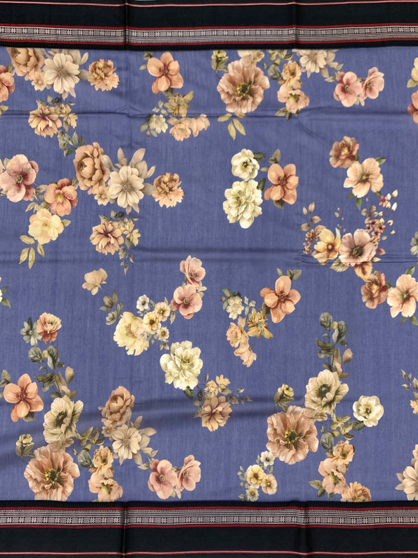 Blue & Black: Floral Cotton Saree