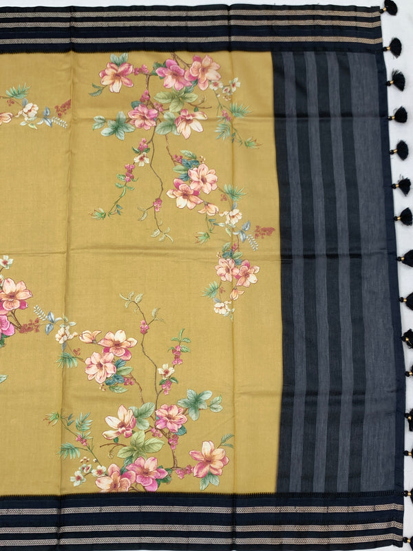 Earthy Mustard & Navy Floral Printed Cotton Saree
