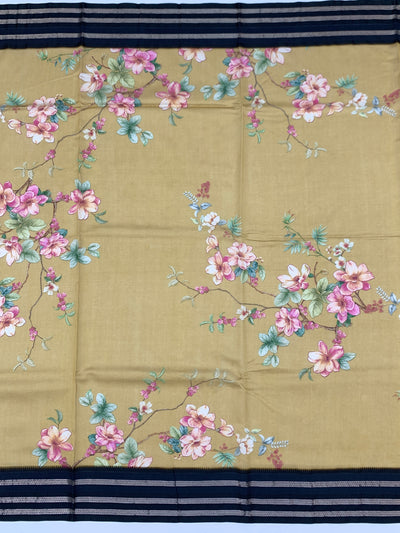 Earthy Mustard & Navy Floral Printed Cotton Saree