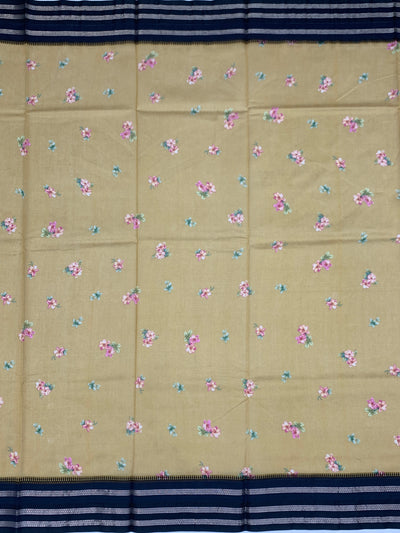 Earthy Mustard & Navy Floral Printed Cotton Saree