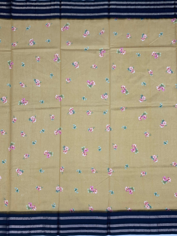 Earthy Mustard & Navy Floral Printed Cotton Saree