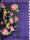 Charcoal Black Floral Cotton Saree with Royal Violet Accents