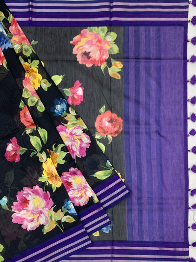 Charcoal Black Floral Cotton Saree with Royal Violet Accents