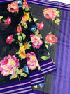 Charcoal Black Floral Cotton Saree with Royal Violet Accents