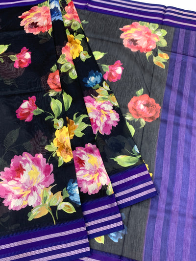 Charcoal Black Floral Cotton Saree with Royal Violet Accents