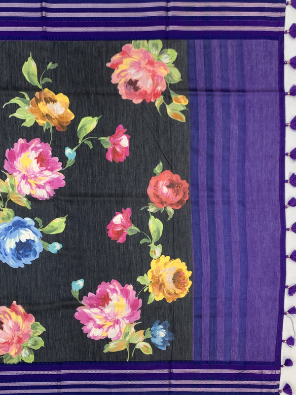 Charcoal Black Floral Cotton Saree with Royal Violet Accents