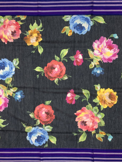 Charcoal Black Floral Cotton Saree with Royal Violet Accents