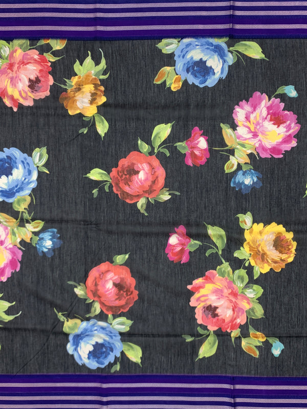 Charcoal Black Floral Cotton Saree with Royal Violet Accents