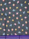 Charcoal Black Floral Cotton Saree with Royal Violet Accents
