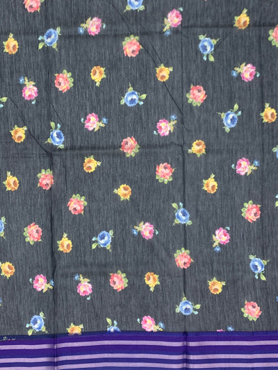 Charcoal Black Floral Cotton Saree with Royal Violet Accents