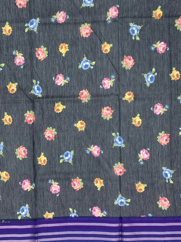 Charcoal Black Floral Cotton Saree with Royal Violet Accents