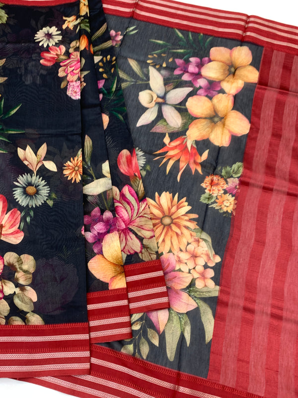 Charcoal & Crimson Floral Cotton Saree