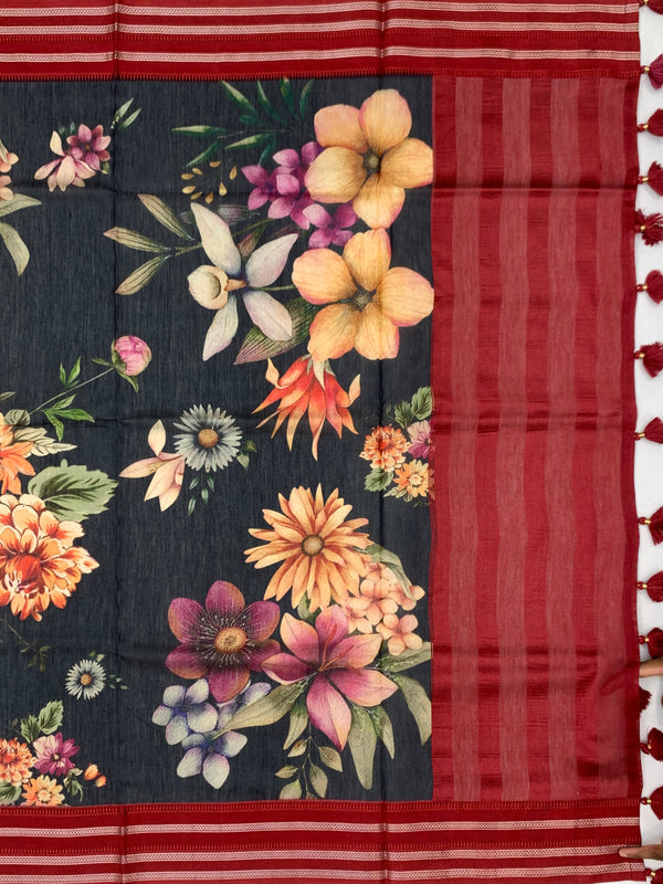 Charcoal & Crimson Floral Cotton Saree