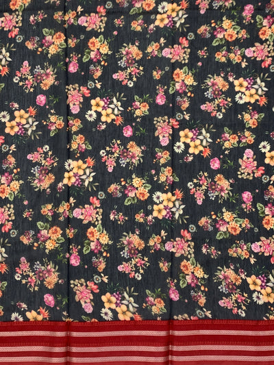 Charcoal & Crimson Floral Cotton Saree