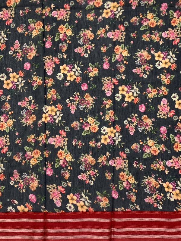 Charcoal & Crimson Floral Cotton Saree