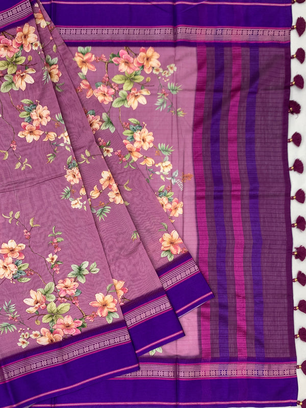 Mauve Bliss: Floral Print Cotton Saree with Striped Pallu