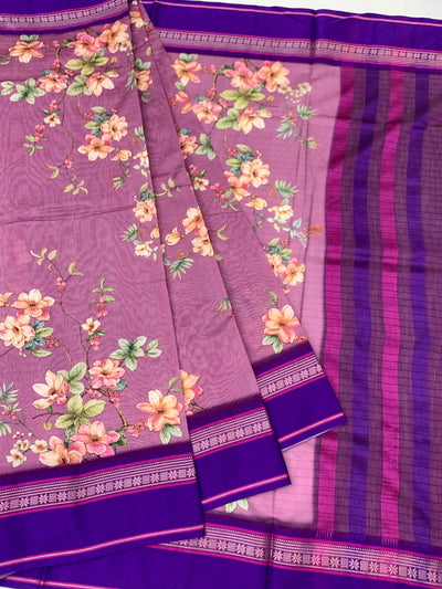 Mauve Bliss: Floral Print Cotton Saree with Striped Pallu