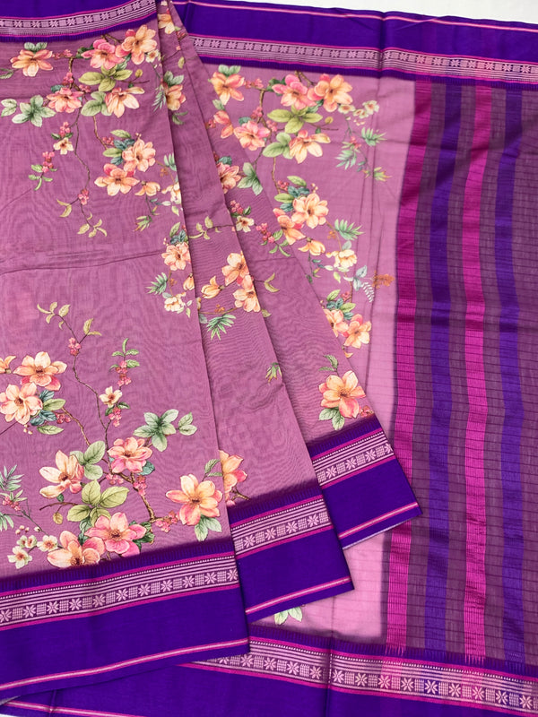 Mauve Bliss: Floral Print Cotton Saree with Striped Pallu