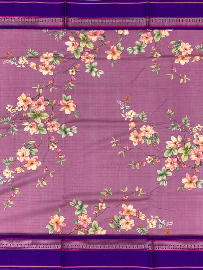Mauve Bliss: Floral Print Cotton Saree with Striped Pallu
