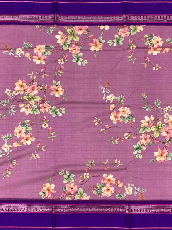 Mauve Bliss: Floral Print Cotton Saree with Striped Pallu
