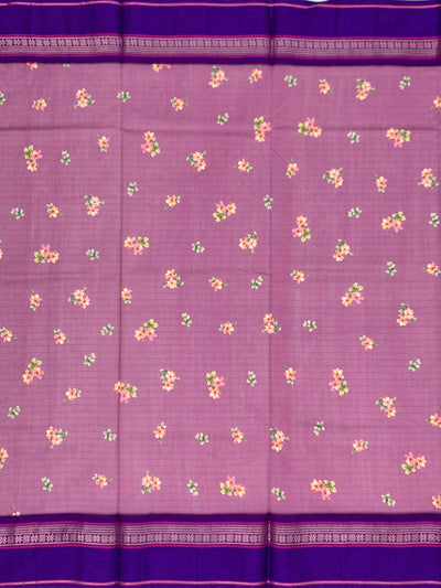 Mauve Bliss: Floral Print Cotton Saree with Striped Pallu