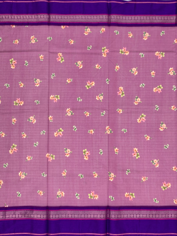Mauve Bliss: Floral Print Cotton Saree with Striped Pallu