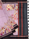Lilac Orchard: Floral Cotton Saree with Charcoal & Rust Striped Pallu