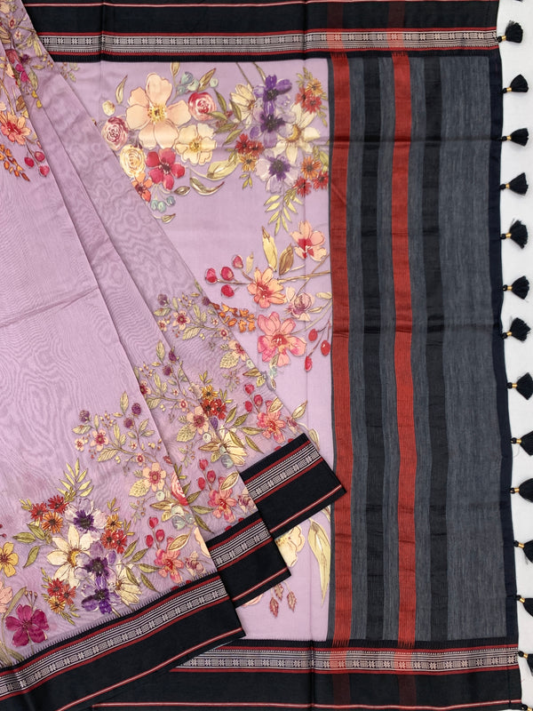 Lilac Orchard: Floral Cotton Saree with Charcoal & Rust Striped Pallu