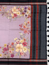 Lilac Orchard: Floral Cotton Saree with Charcoal & Rust Striped Pallu