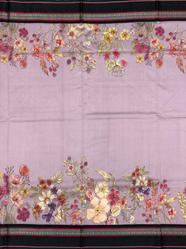 Lilac Orchard: Floral Cotton Saree with Charcoal & Rust Striped Pallu
