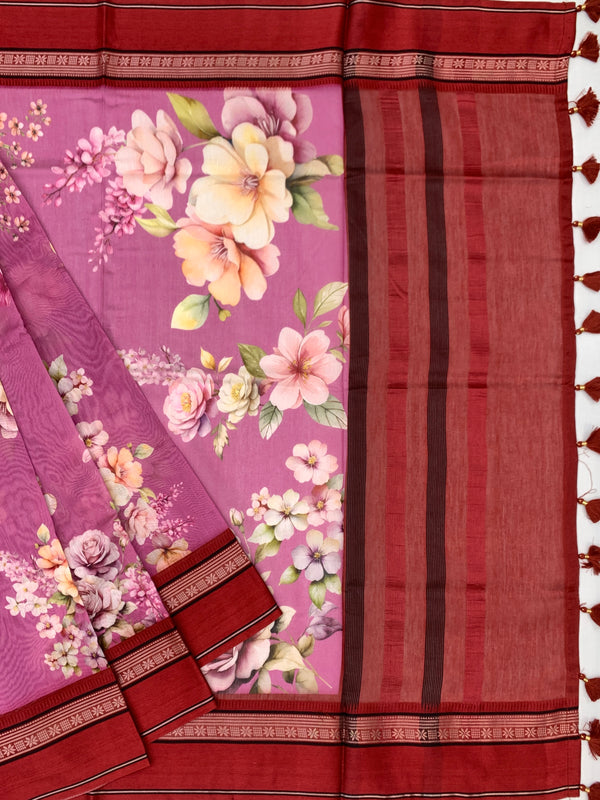 Vibrant Magenta Floral Printed Cotton Saree with Maroon Border