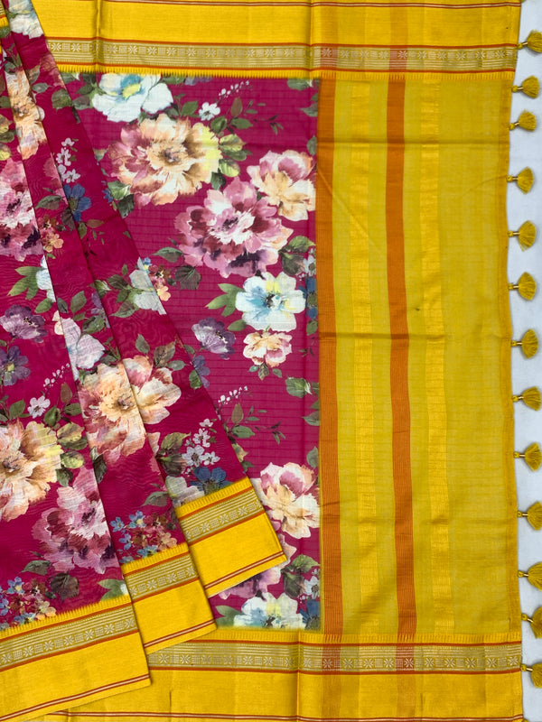 Radiant Fuchsia & Mustard: Floral Cotton Saree