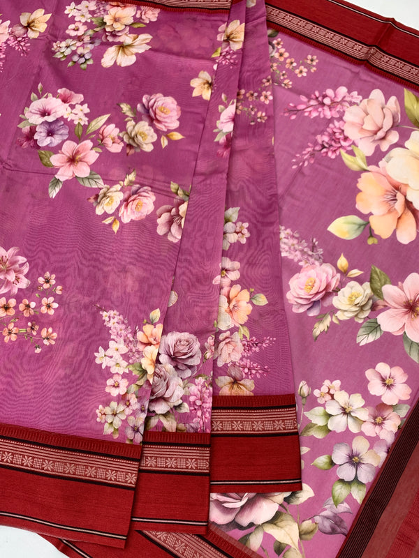 Vibrant Magenta Floral Printed Cotton Saree with Maroon Border