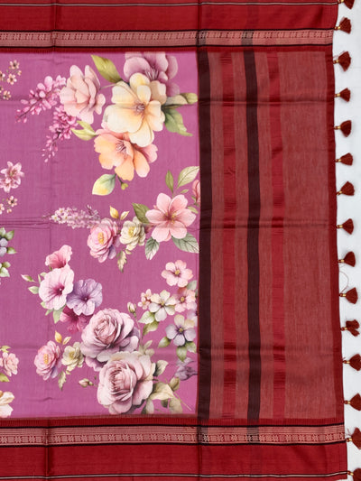 Vibrant Magenta Floral Printed Cotton Saree with Maroon Border