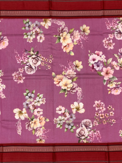 Vibrant Magenta Floral Printed Cotton Saree with Maroon Border