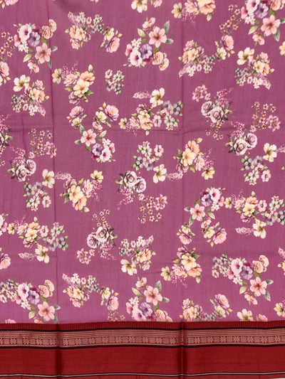 Vibrant Magenta Floral Printed Cotton Saree with Maroon Border