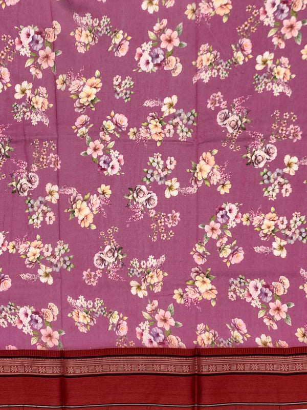 Vibrant Magenta Floral Printed Cotton Saree with Maroon Border