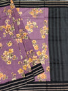 Lavender Dusk: Floral Cotton Saree with Charcoal Black Zari Border