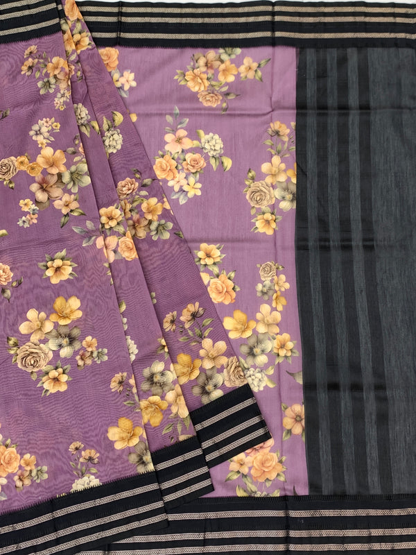Lavender Dusk: Floral Cotton Saree with Charcoal Black Zari Border