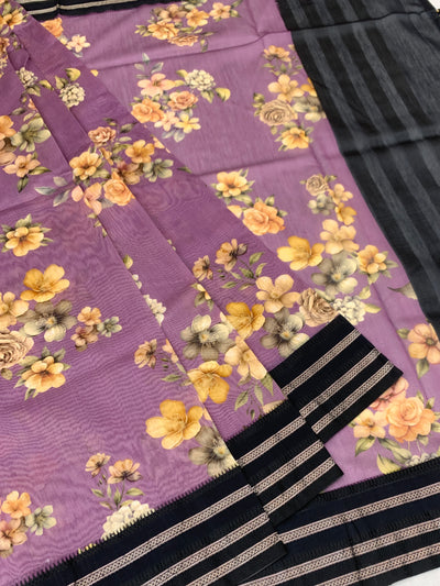 Lavender Dusk: Floral Cotton Saree with Charcoal Black Zari Border
