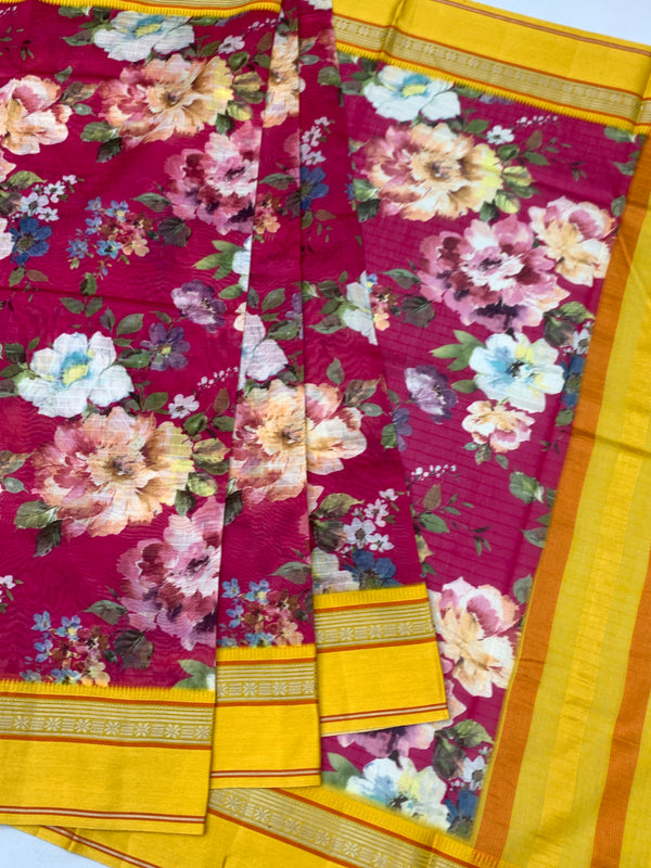 Radiant Fuchsia & Mustard: Floral Cotton Saree