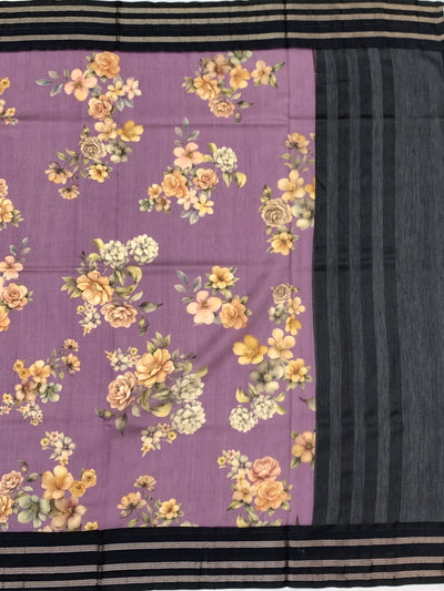 Lavender Dusk: Floral Cotton Saree with Charcoal Black Zari Border