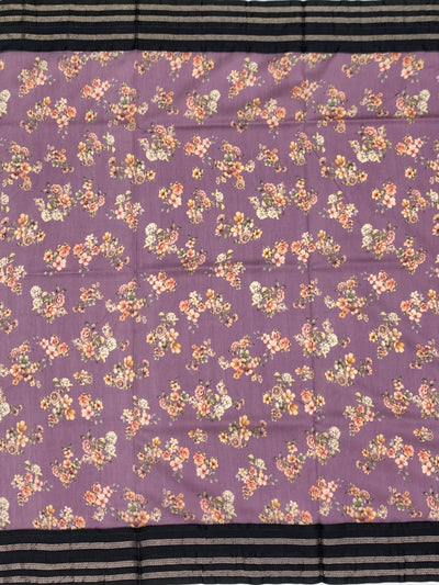 Lavender Dusk: Floral Cotton Saree with Charcoal Black Zari Border